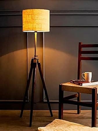 F N Finautica Wooden Italian Wooden Crafter Standard Size Tripod Floor Lamp with Jute Shade, Bulb and Holder, Pack of 1